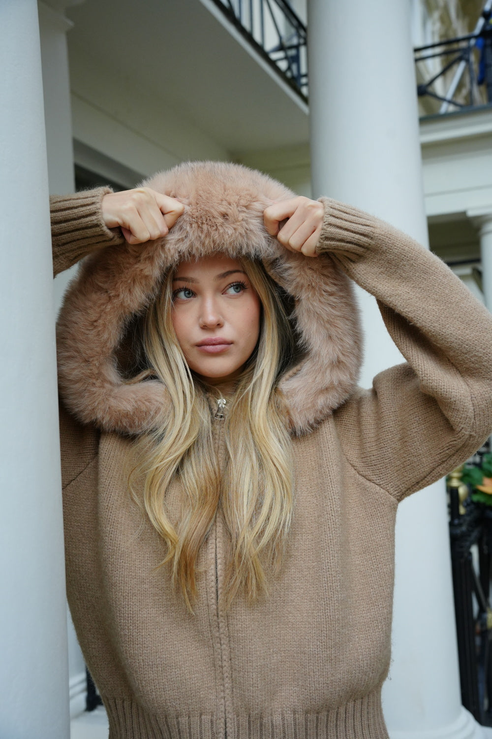 Luxury Beige Knit Hoodie with Fox Fur Collar | Women's Outerwear