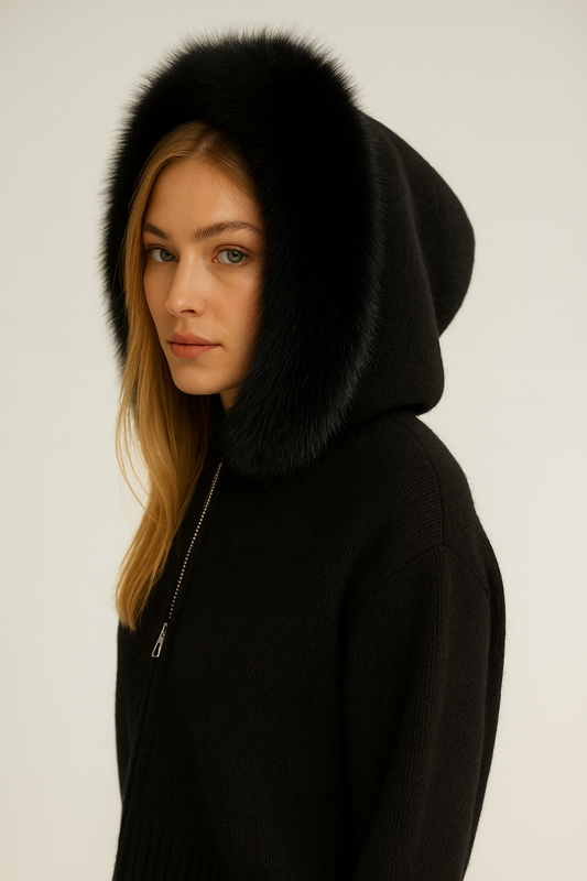 woman wearing black jumper jacket with fox fur lining