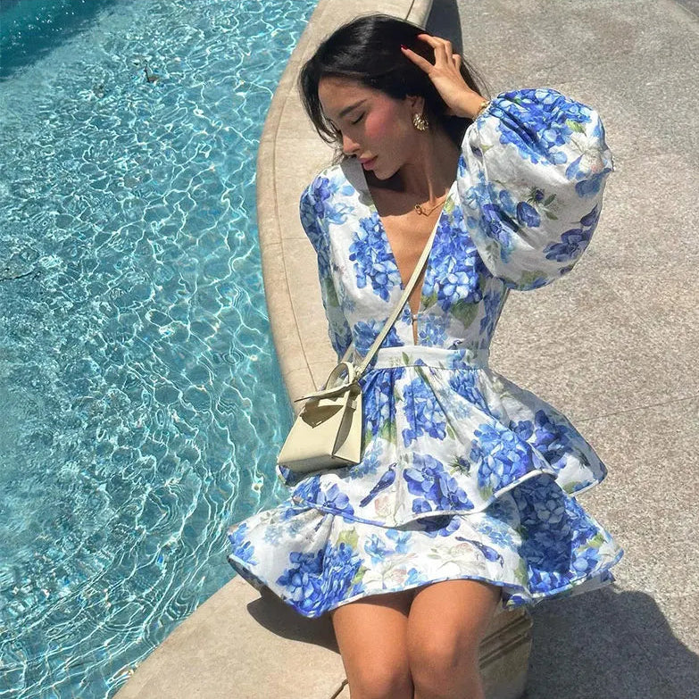 Azure Bloom Puff Sleeve Dress