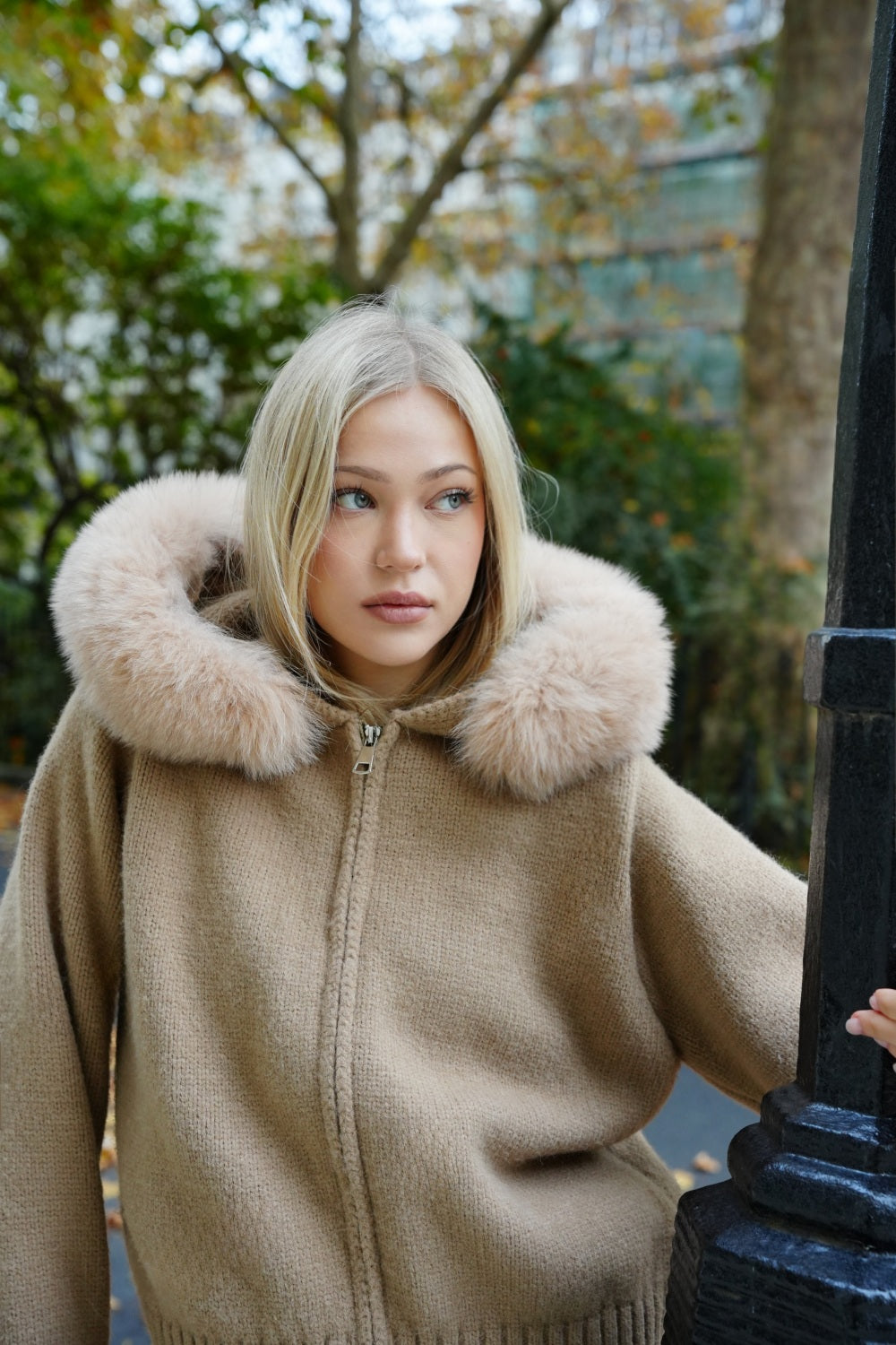 Luxury Beige Knit Hoodie with Fox Fur Collar | Women's Outerwear