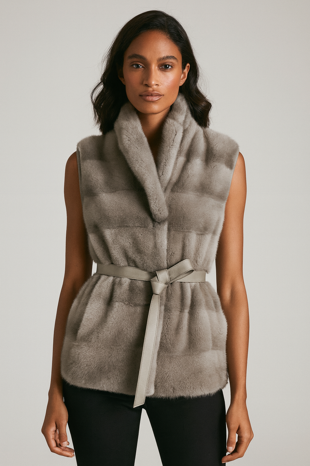 grey sleeveless fur gilet on plain background
