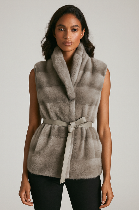 grey sleeveless fur gilet on plain background