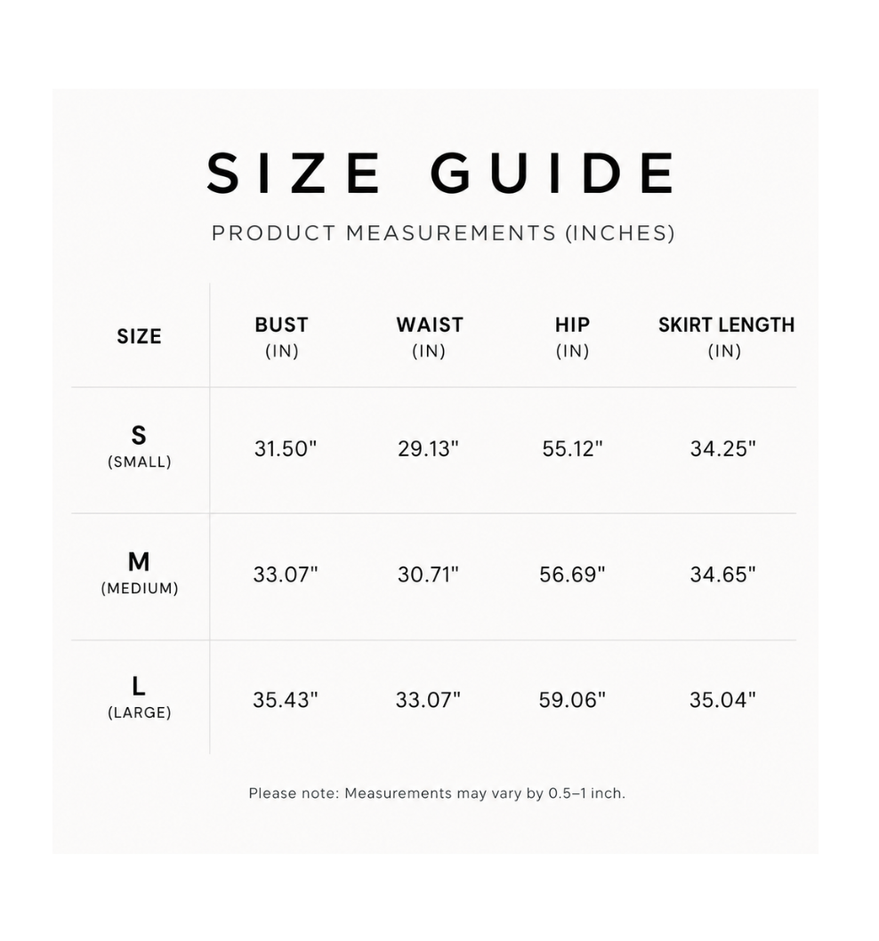Size guide for product measurements in inches on a white background