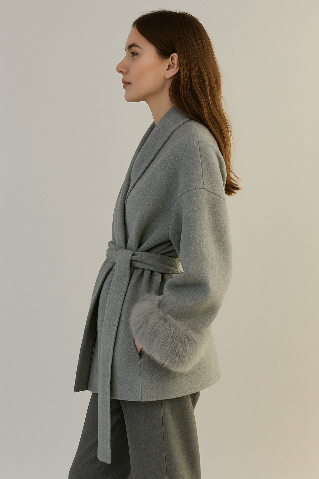 Woman wearing a gray coat with a belt on a plain background
