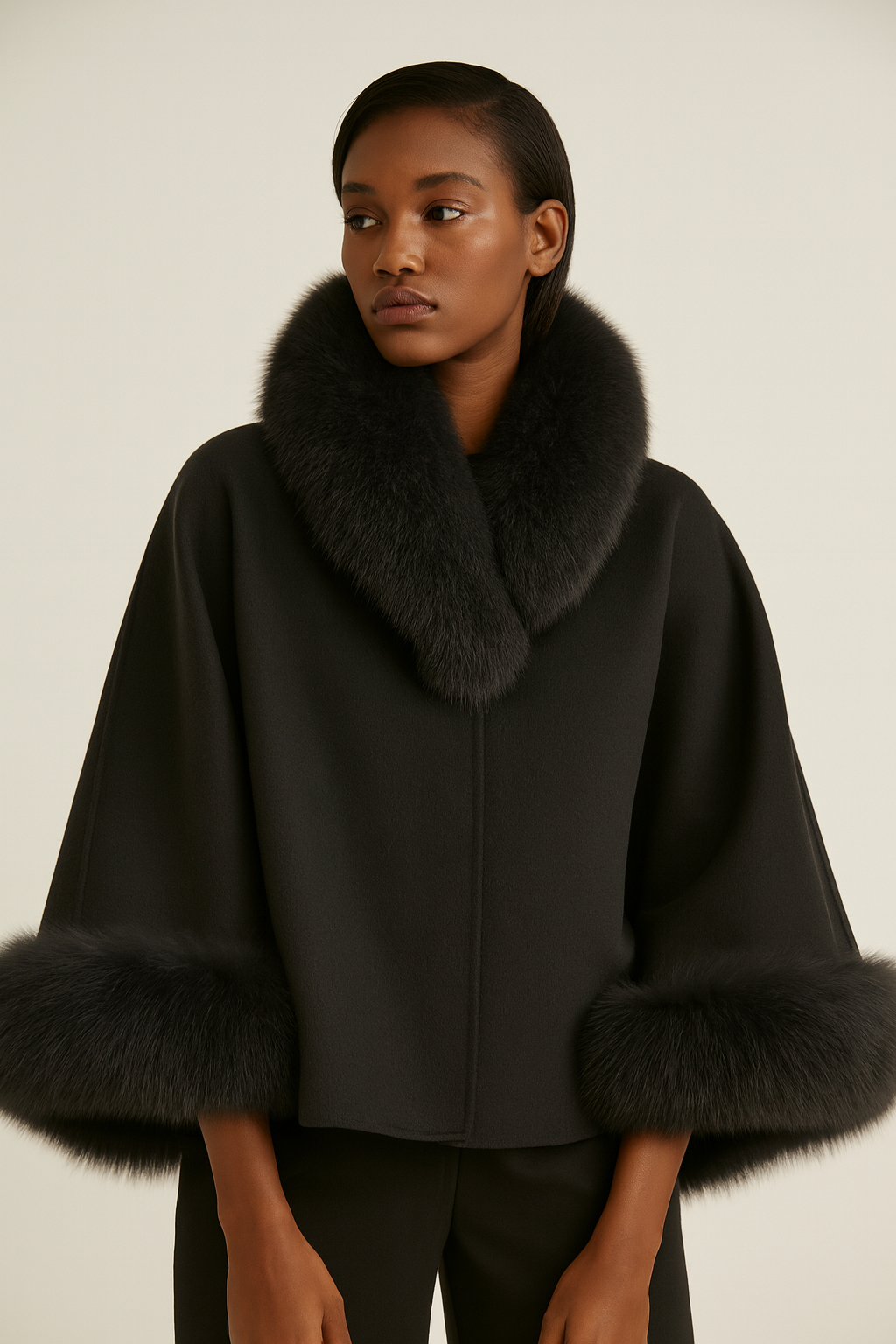 Black cape with fur trim worn by a model on a plain background