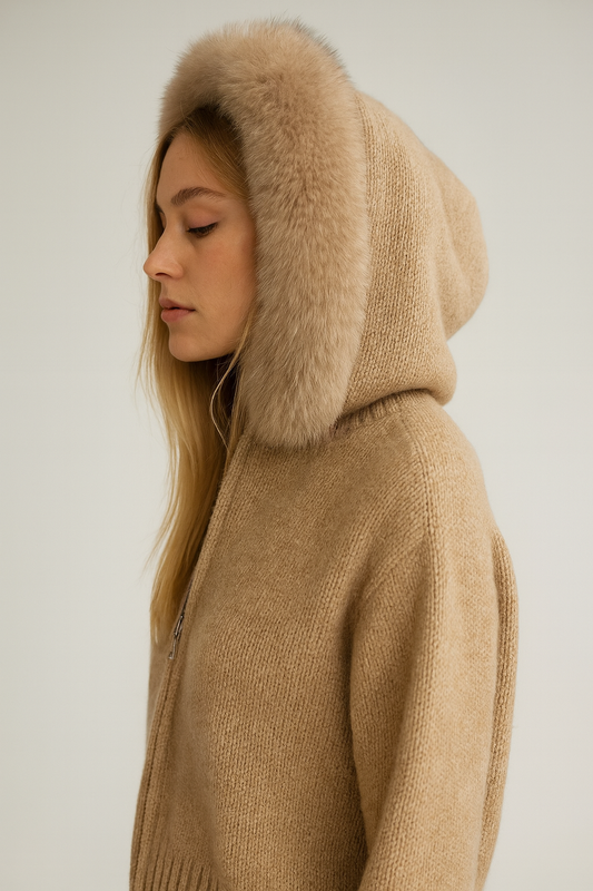 Woman wearing fur beige Luna Jacket
