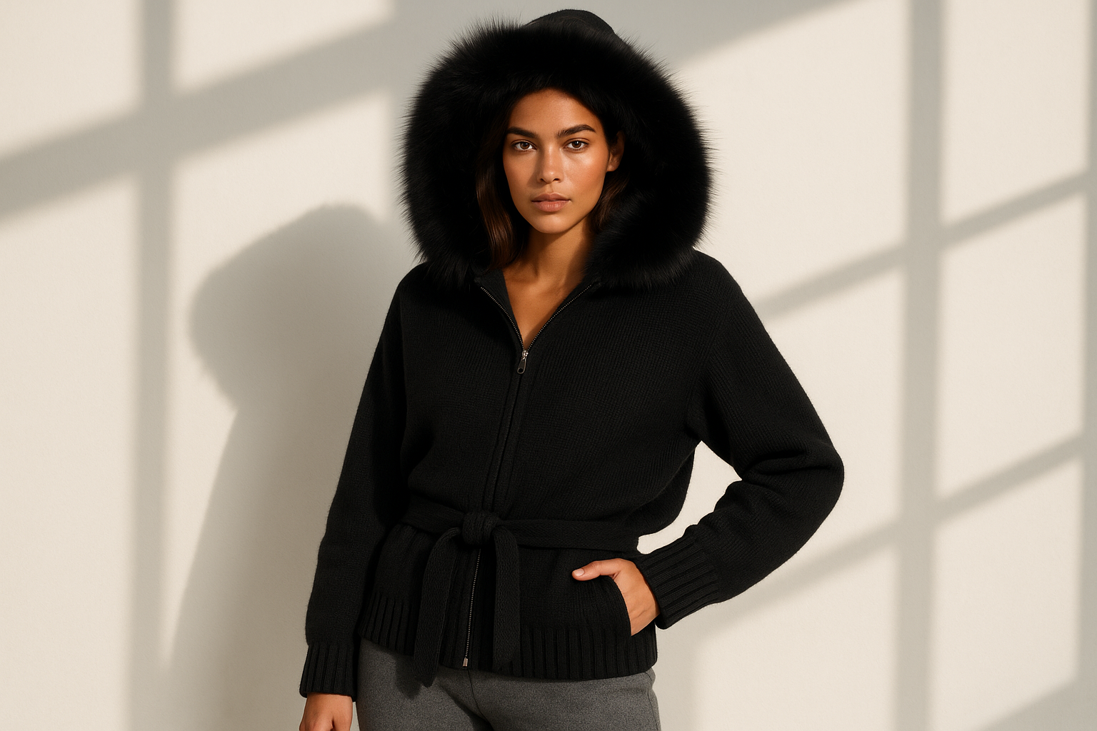 Woman wearing a black sweater with a fur hood against a light background