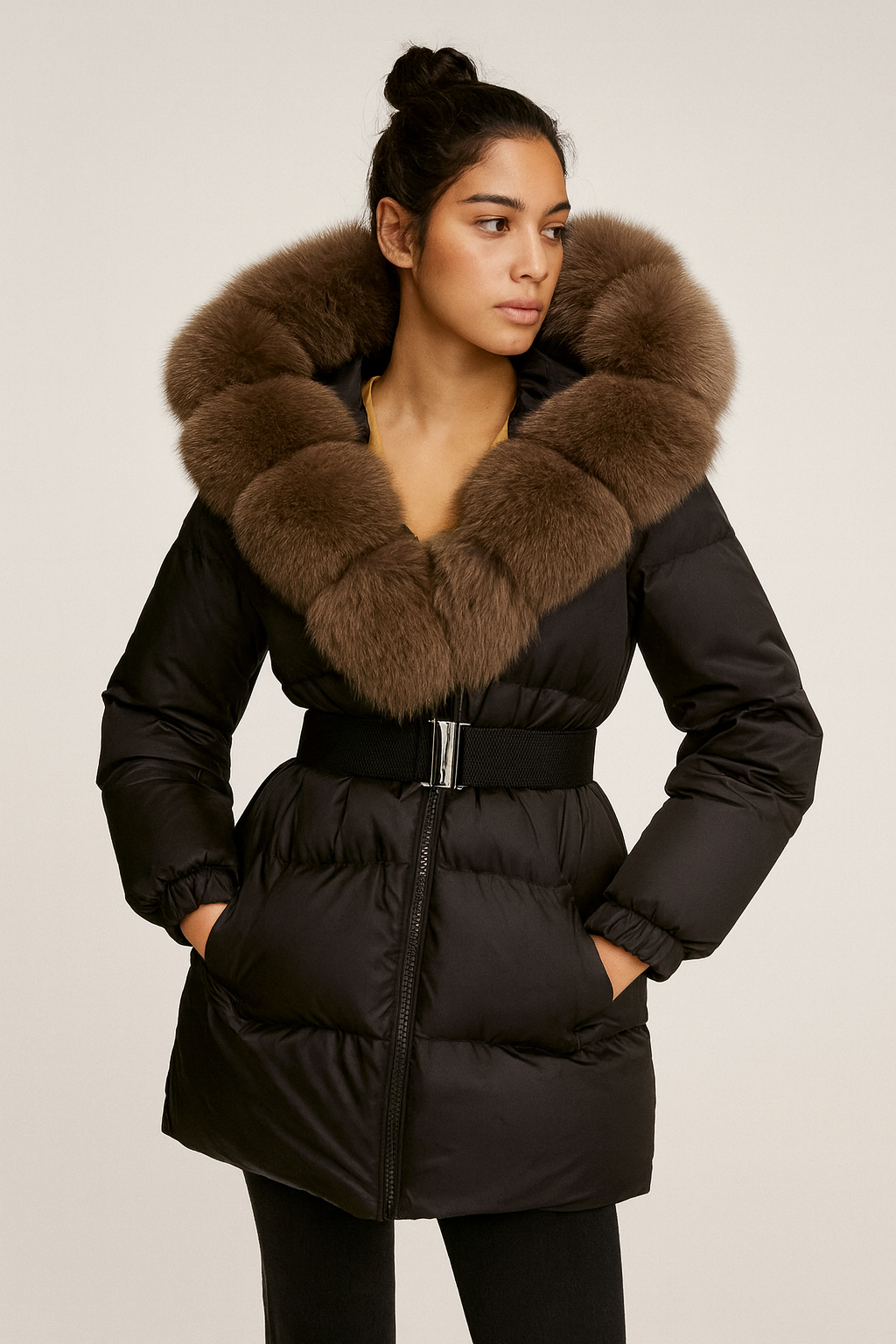 Woman wearing a black puffer coat with a large brown fur hood against a neutral background