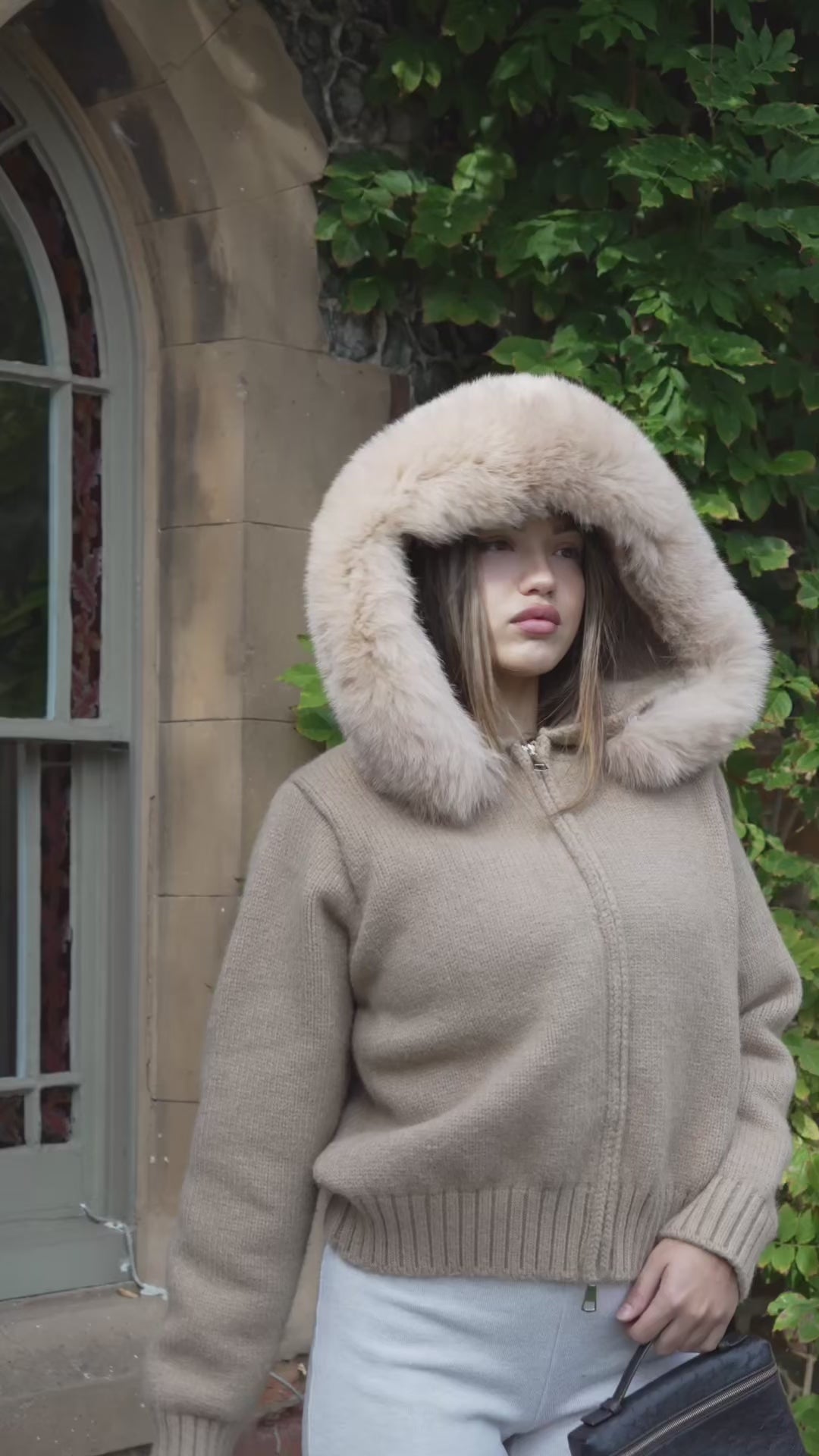 Luxury Beige Knit Hoodie with Fox Fur Collar | Women's Outerwear