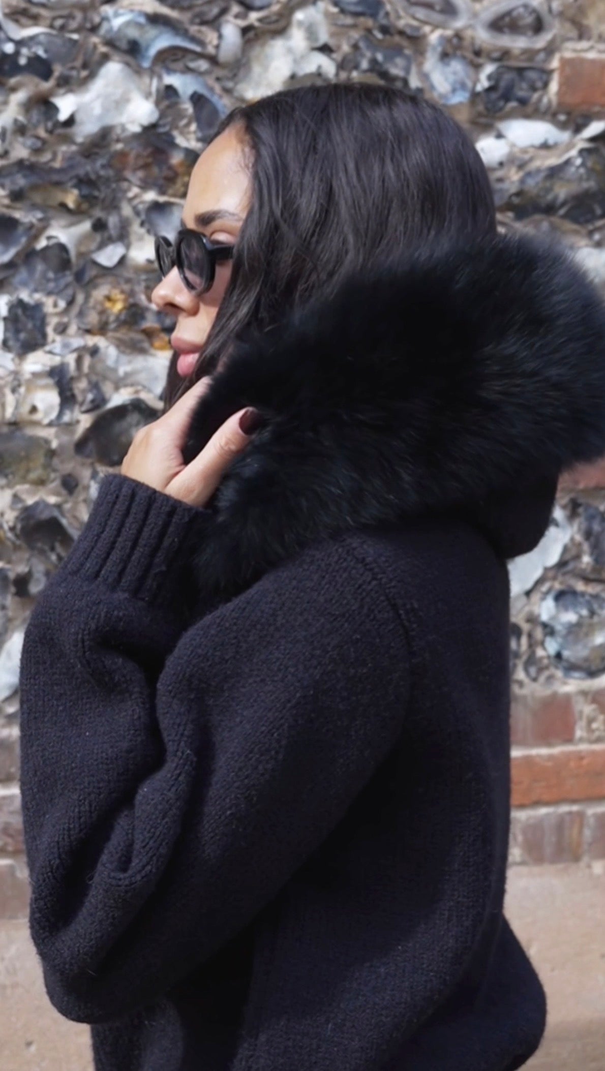 Luxury Black Knit Hoodie with Fox Fur Collar | Women's Outerwear