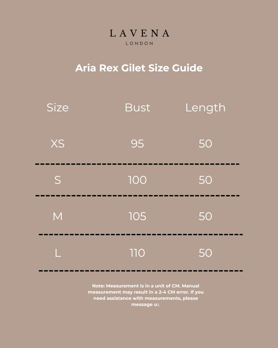 Lavena London Aria Rex Gilet Size Guide on a beige background