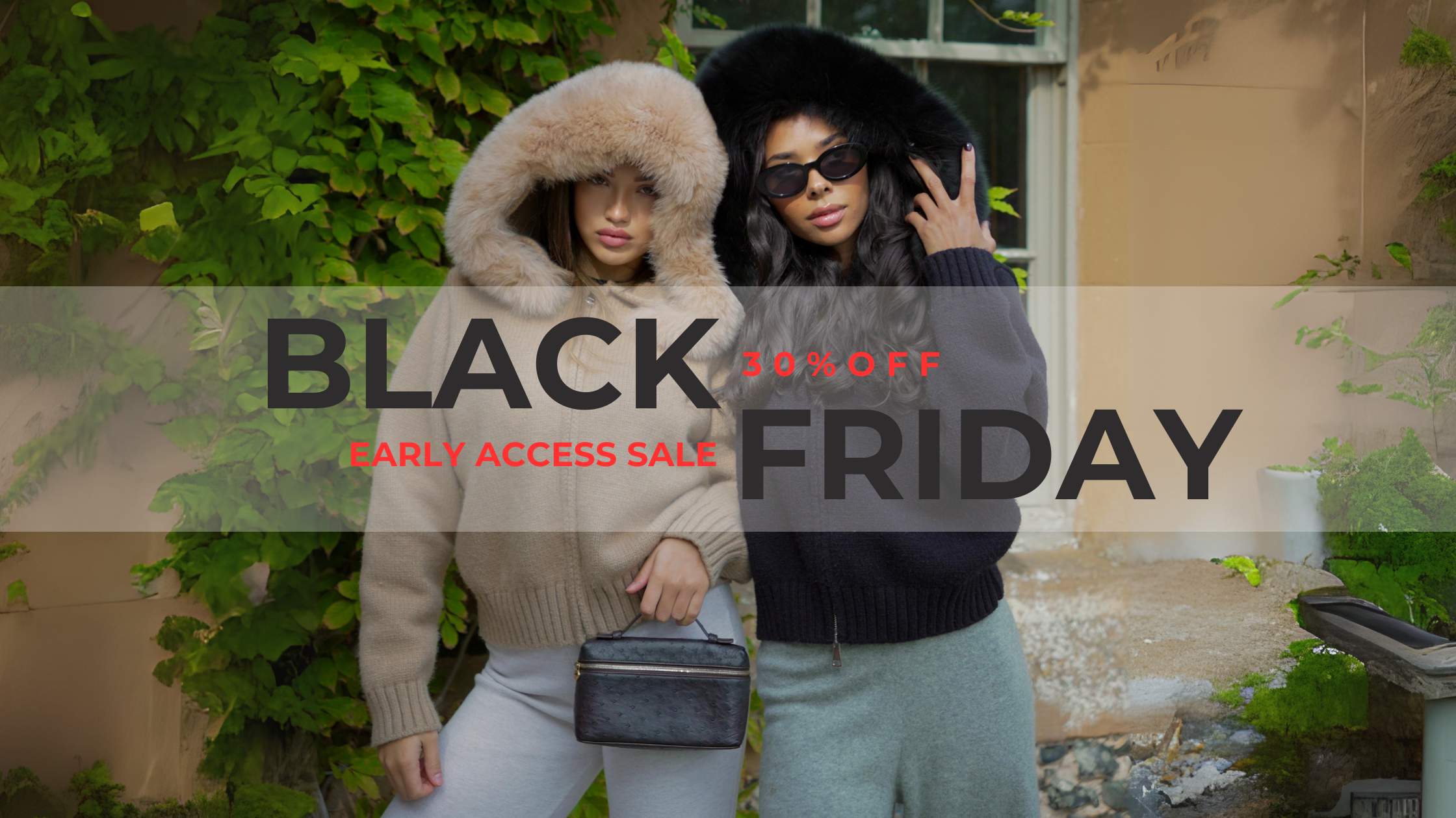 Two women in stylish outfits with a Black Friday sale banner overlay.